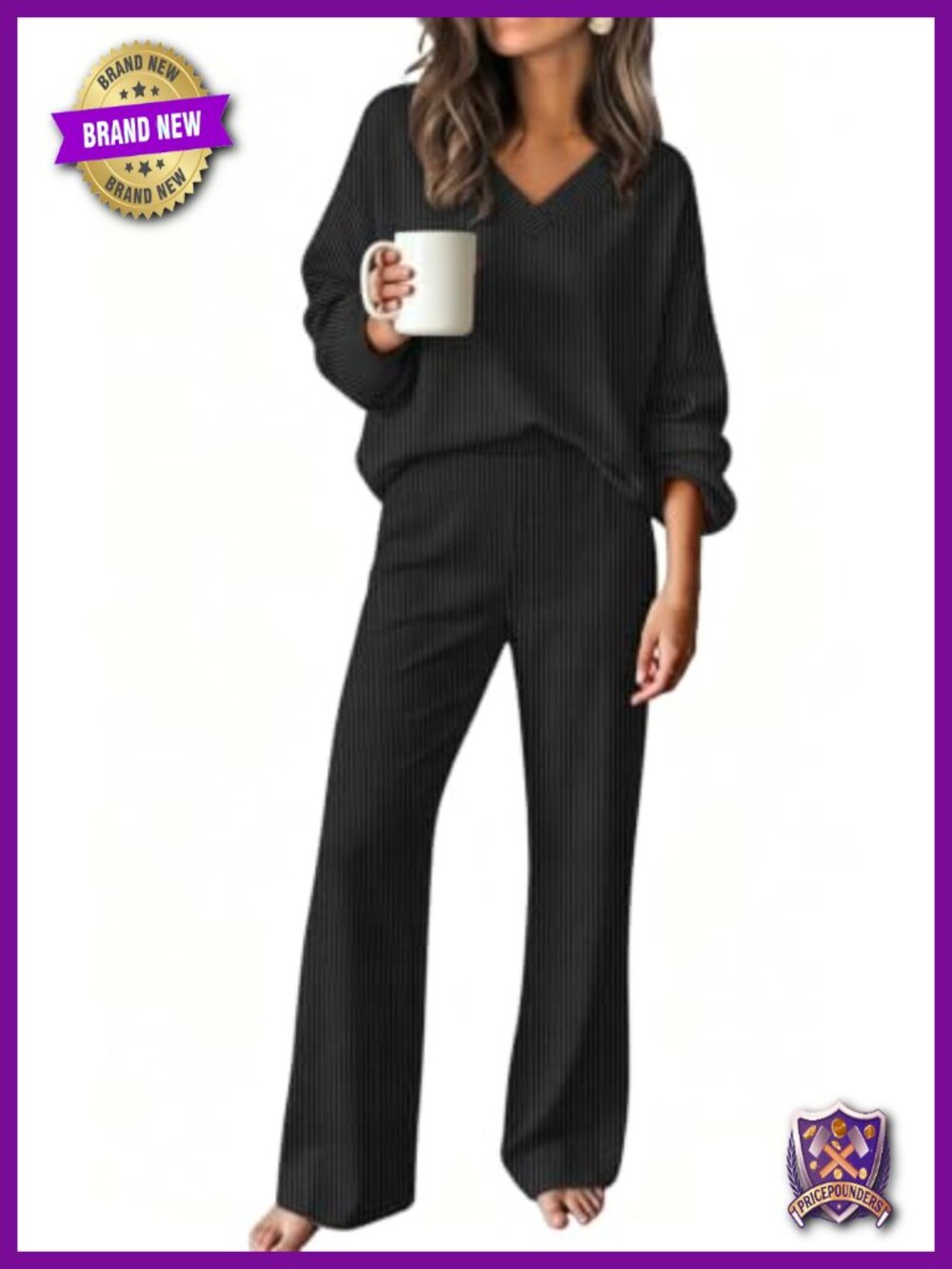 Ribbed Knit 2 Piece Lounge Set V Neck Top Straight Leg Pants Travel